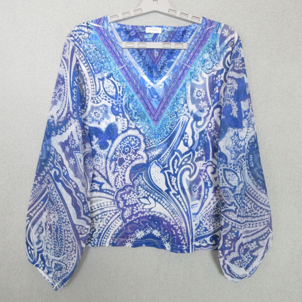 Chicos Paisley Top Women's Size XL V Neck Long Sleeve Blue White Purple